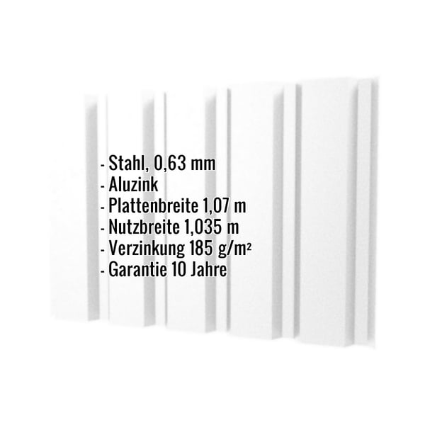 Trapezblech T35/207M Aluzink, 0,63 mm, mit eingeblendeten Eckdaten zu Material, Staerke und Garantie