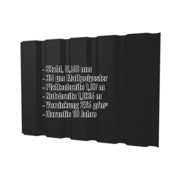 Trapezblech T35/207M Wand, schwarz, 0,50 mm Stahl, mit eingeblendeten Eckdaten