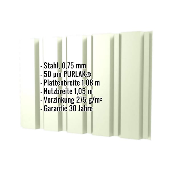 Trapezblech T35/207M in Grauweiß, 0,75 mm Stahl, mit eingeblendeten Eckdaten zu Material und Beschichtung