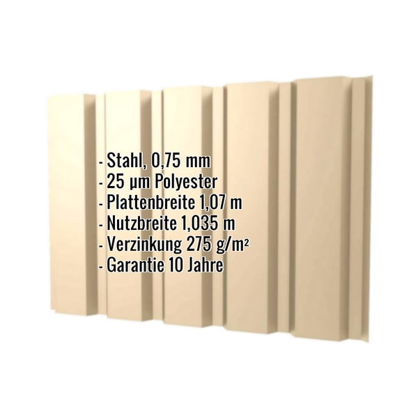 Trapezblech T35/207M Hellelfenbein mit eingeblendeten Eckdaten zu Material, Staerke und Beschichtung
