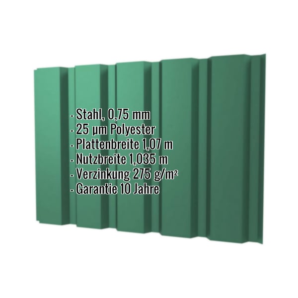 Trapezblech T35/207M Wand Moosgrün, 0,75 mm Stahl mit 25 µm Polyesterbeschichtung, Eckdaten eingeblendet