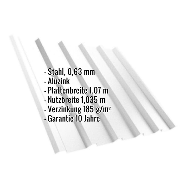 Trapezblech T35/207MD Aluzink, 0,63 mm, mit eingeblendeten Eckdaten zu Material, Breite und Garantie