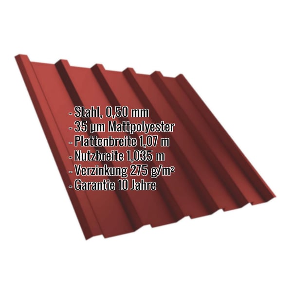 Trapezblech T35/207MD kirschrot, 0,50 mm Stahl, mattpolyesterbeschichtet, mit eingeblendeten Eckdaten