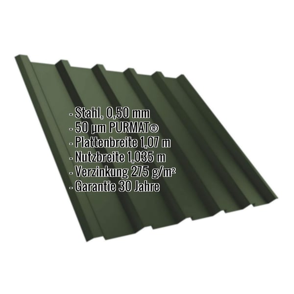 Trapezblech T35/207MD, Stahl 0,50 mm, Gruen, mit eingeblendeten Eckdaten
