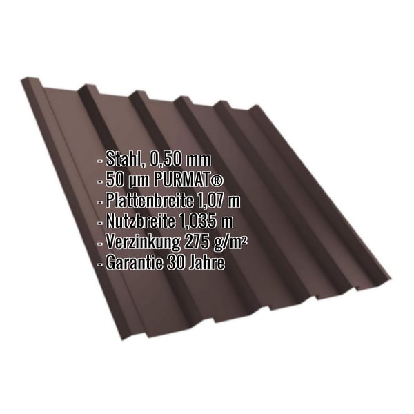 Trapezblech T35/207MD Schokoladenbraun RAL 8017, 0,50 mm Stahl, mit eingeblendeten Eckdaten