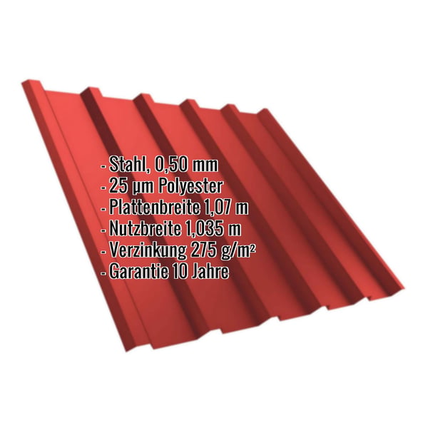 Trapezblech T35/207MD korallenrot, 0,50 mm Stahl, mit eingeblendeten technischen Eckdaten