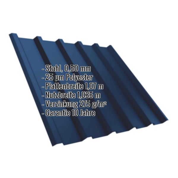 Trapezblech T35/207MD Enzianblau mit eingeblendeten Eckdaten zu Material, Staerke und Beschichtung