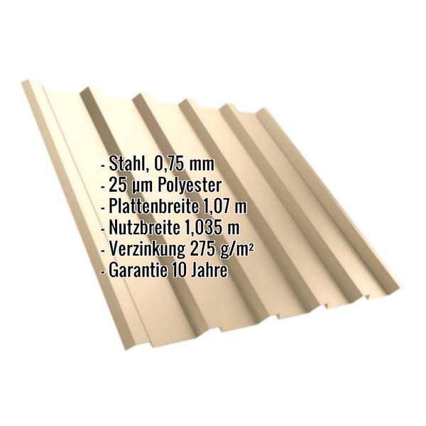 Trapezblech T35/207MD Hellelfenbein mit eingeblendeten Eckdaten zu Material, Staerke und Abmessungen