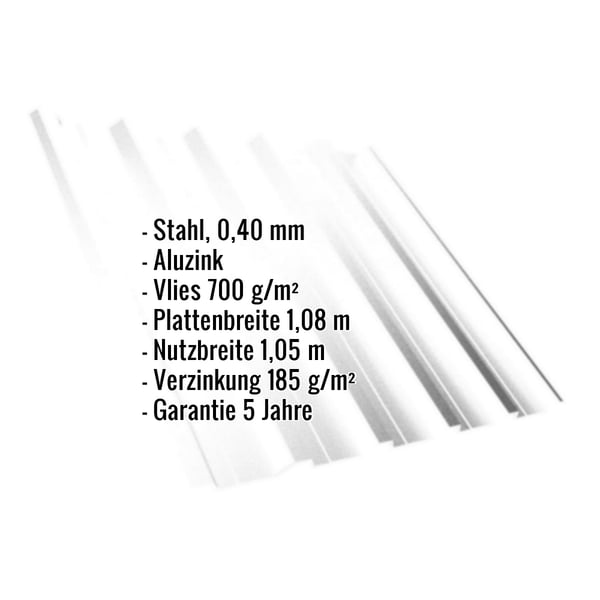 Trapezblech T35DR Aluzink 0,40 mm mit eingeblendeten Eckdaten zu Material, Vlies, Breiten und Garantie