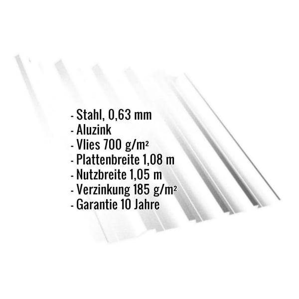 Trapezblech T35DR Aluzink Infografik mit Eckdaten: Stahl, 0,63 mm, Vlies 700 g/m², Plattenbreite 1,08 m, Nutzbreite 1,05 m