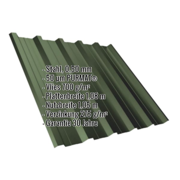Trapezblech T35DR, Stahl 0,50 mm, gruen RAL 6010, mit PURMAT Beschichtung und Eckdaten-Einblendung