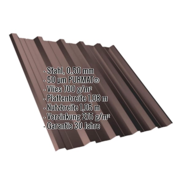 Trapezblech T35DR Schokoladenbraun RAL 8017 mit eingeblendeten Eckdaten zu Material, Beschichtung und Garantie