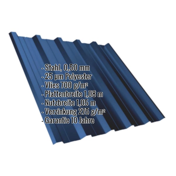 Trapezblech T35DR Enzianblau mit eingeblendeten Eckdaten zu Material, Staerke, Beschichtung und Garantie