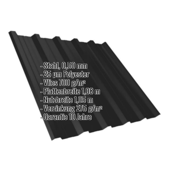 Trapezblech T35DR Tiefschwarz RAL 9005 mit eingeblendeten technischen Daten