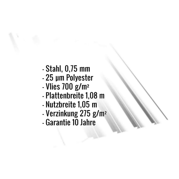 Trapezblech T35DR Reinweiß, 0,75 mm Stahl, mit eingeblendeten technischen Daten