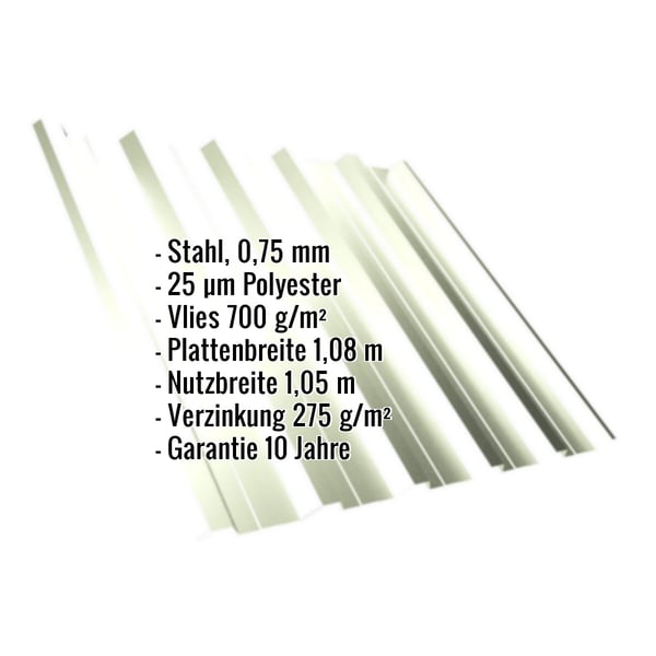 Trapezblech T35DR Grauweiß, 0,75 mm, mit Polyesterbeschichtung und eingeblendeten Eckdaten