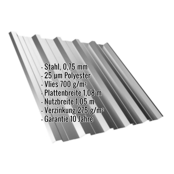 Trapezblech T35DR Graualuminium 0,75 mm, mit eingeblendeten Eckdaten zu Material, Staerke, Beschichtung und Massen