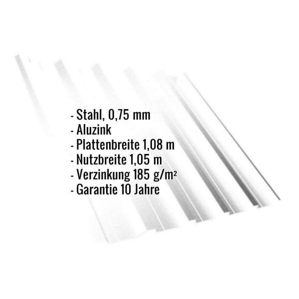 Trapezblech T35DR Aluzink 0,75 mm, Eckdaten wie Material, Staerke und Garantie eingeblendet