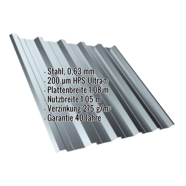 Trapezblech T35DR Fenstergrau mit eingeblendeten Eckdaten zu Material, Staerke und Beschichtung