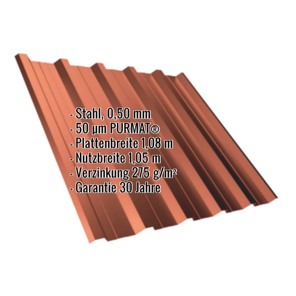Trapezblech T35DR Ziegelrot 0,50 mm, PURMAT beschichtet, mit eingeblendeten Eckdaten