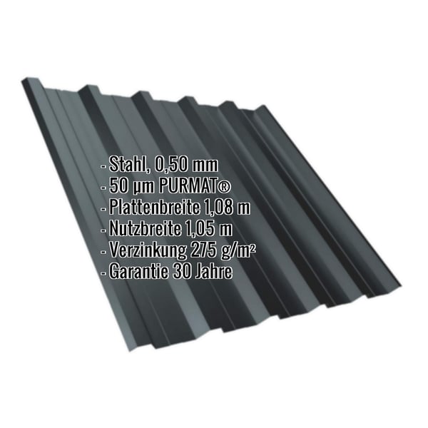 Trapezblech T35DR anthrazitgrau mit 50 µm PURMAT® Beschichtung und eingeblendeten Produktdaten