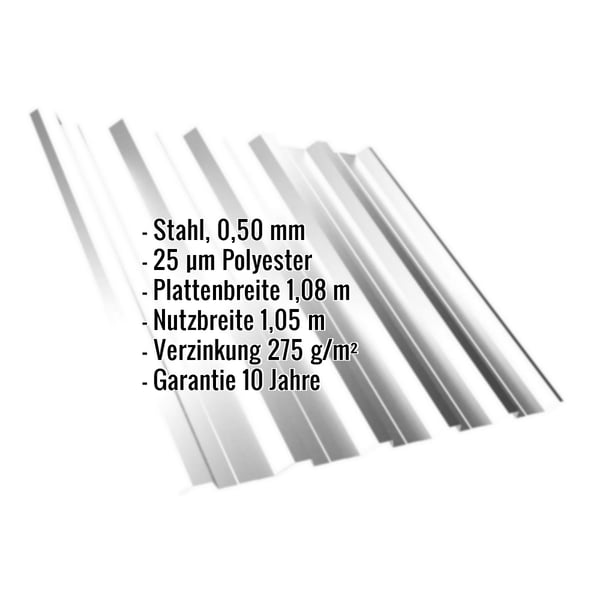 Trapezblech T35DR Lichtgrau RAL 7035, 0,50 mm Stahl mit Polyesterbeschichtung, Infografik mit Eckdaten