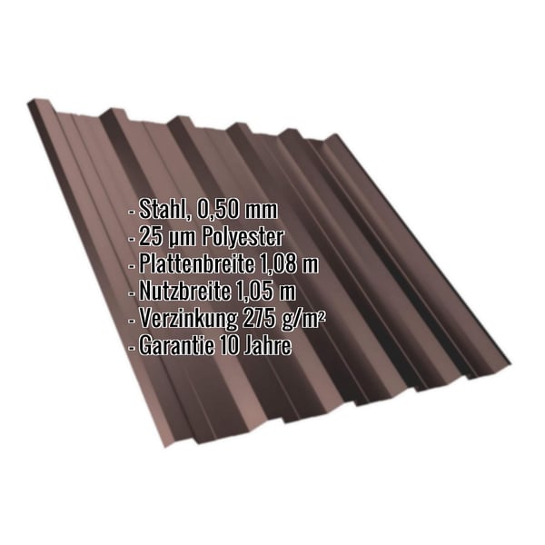 Trapezblech T35DR schokoladenbraun, 0,50 mm Stahl, 25 µm Polyester, mit eingeblendeten Eckdaten