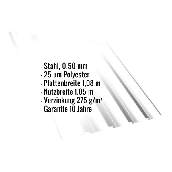 Trapezblech T35DR Reinweiß mit eingeblendeten Eckdaten zu Material, Stärke und Beschichtung