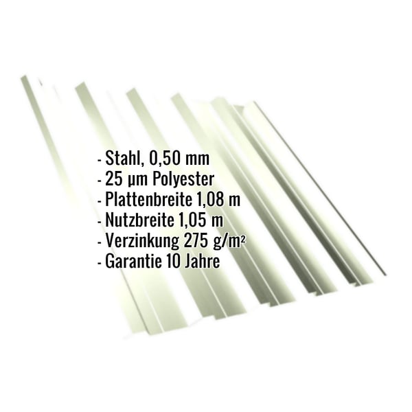 Trapezblech T35DR Grauweiß, 0,50 mm Stahl, mit eingeblendeten Eckdaten zu Material, Beschichtung und Garantie