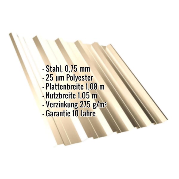 Trapezblech T35DR Hellelfenbein mit eingeblendeten Eckdaten: Stahl, 0,75 mm, 25 µm Polyester, Plattenbreite 1,08 m