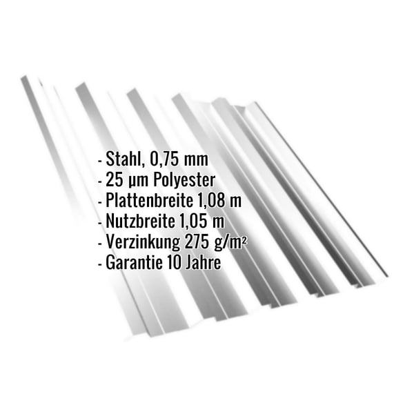 Trapezblech T35DR Lichtgrau RAL 7035 mit eingeblendeten Eckdaten wie Material Stahl 0,75 mm und Beschichtung 25 µm Polyester
