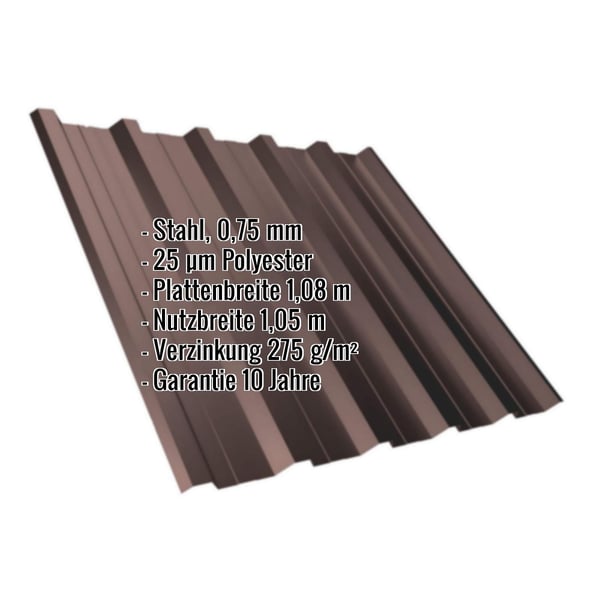 Trapezblech T35DR schokoladenbraun, 0,75 mm Stahl, 25 µm Polyester, mit eingeblendeten Eckdaten