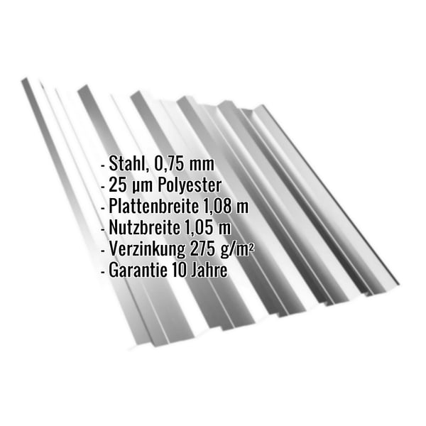 Trapezblech T35DR Weißaluminium mit eingeblendeten Eckdaten zu Material, Stärke und Beschichtung