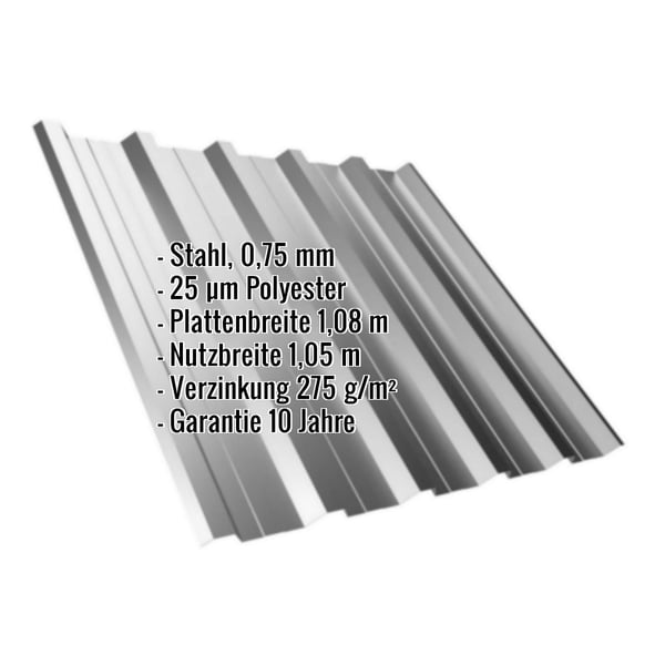 Trapezblech T35DR Graualuminium 0,75 mm mit eingeblendeten Eckdaten zu Material, Beschichtung und Massen