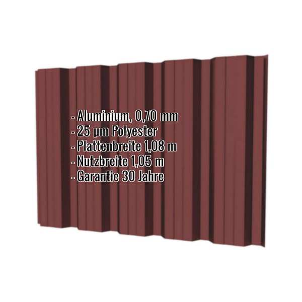 Trapezblech T35DR Wand Rotbraun RAL 8012 mit eingeblendeten Eckdaten Aluminium 0,70 mm, 25 µm Polyester