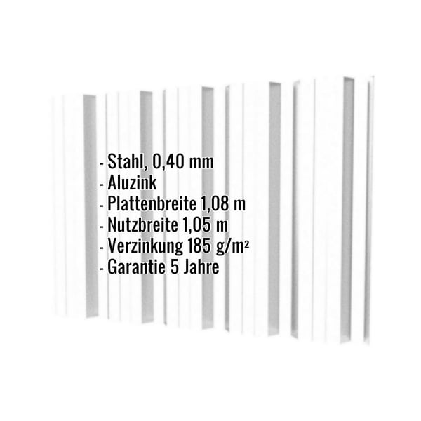 Trapezblech T35DR Aluzink 0,40 mm mit eingeblendeten Eckdaten zu Material, Staerke, Breite, Verzinkung und Garantie