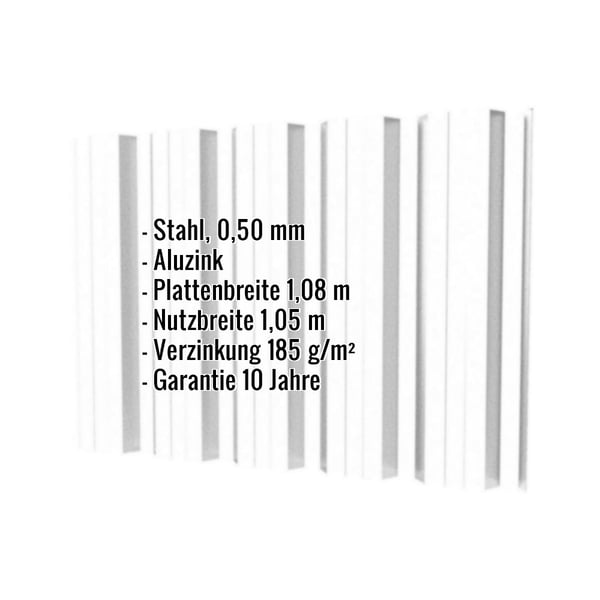 Trapezblech T35DR Aluzink mit eingeblendeten Eckdaten zu Material, Staerke, Breiten und Garantie