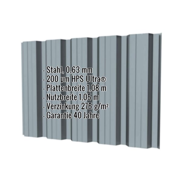 Trapezblech T35DR Fenstergrau mit eingeblendeten Eckdaten zu Material, Stärke und Beschichtung