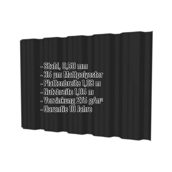 Trapezblech T35DR Wand, Schwarz, 0,50 mm, mit eingeblendeten technischen Daten