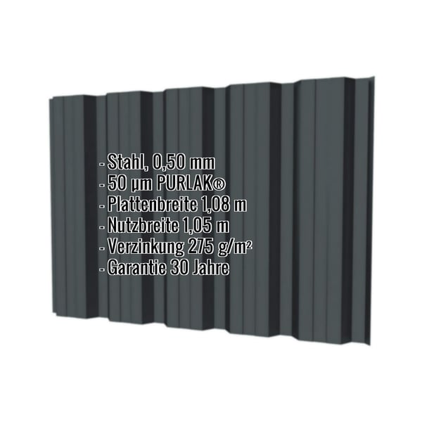 Trapezblech T35DR Anthrazitgrau RAL 7016, 0,50 mm Stahl, mit eingeblendeten Eckdaten