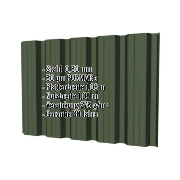 Trapezblech T35DR Wand, Stahl 0,50 mm, gruen, mit eingeblendeten Eckdaten und Beschichtung PURMAT