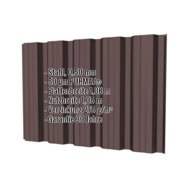 Trapezblech T35DR Wand Schokoladenbraun, 0,50 mm Stahl, mit eingeblendeten Eckdaten