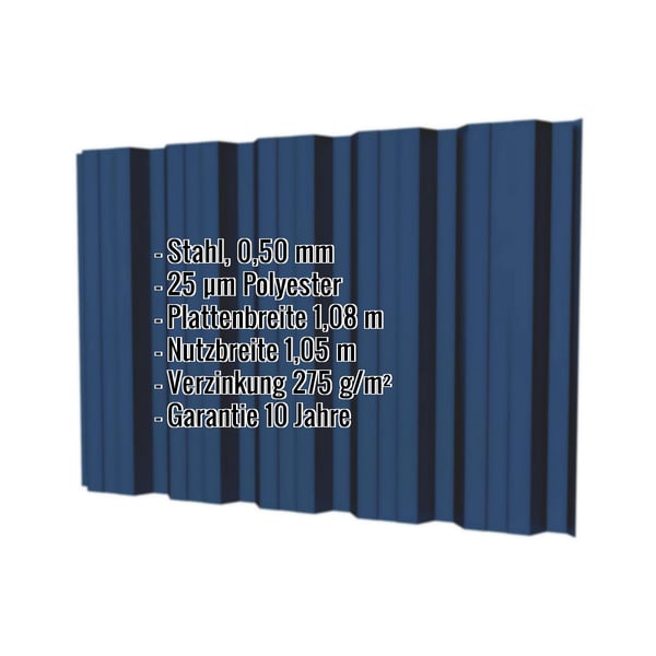 Trapezblech T35DR Wand Enzianblau RAL 5010 mit eingeblendeten Eckdaten zu Material, Staerke und Garantie