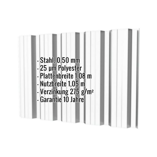 Trapezblech T35DR Wand Lichtgrau mit eingeblendeten Eckdaten zu Material, Staerke, Beschichtung und Massen