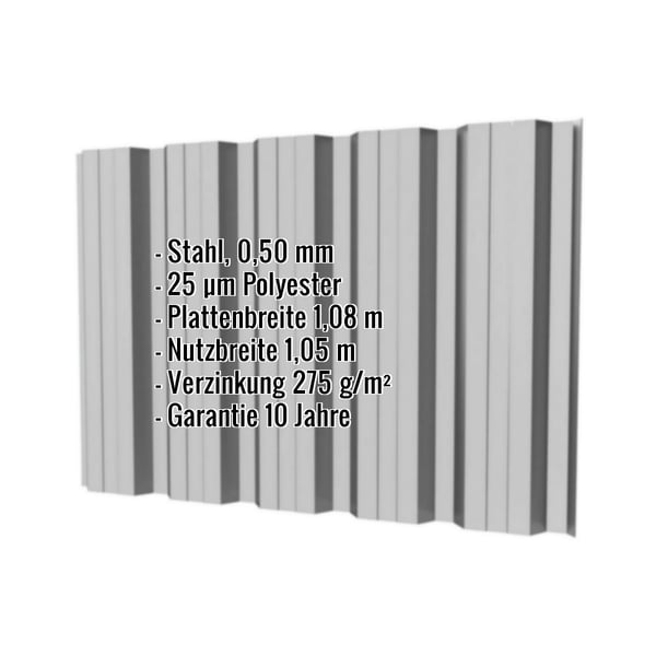 Trapezblech T35DR Wand Weißaluminium mit eingeblendeten Eckdaten zu Material, Stärke und Beschichtung