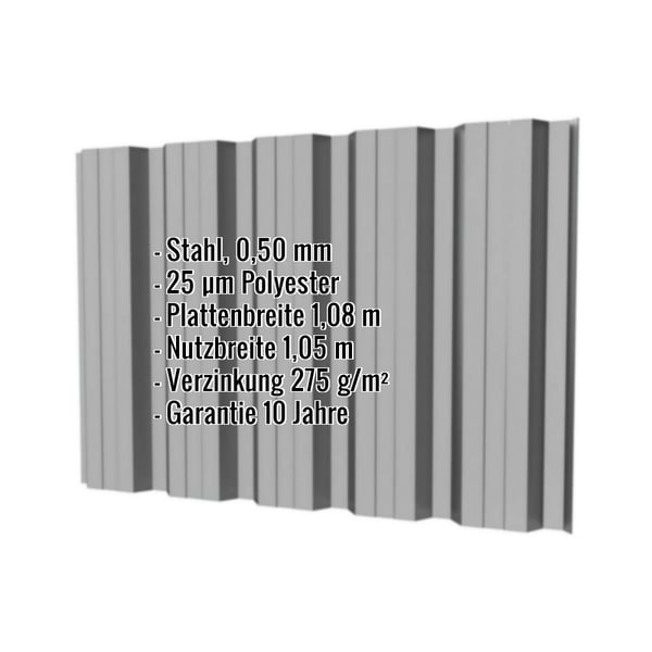 Trapezblech T35DR Graualuminium 0,50 mm mit eingeblendeten Eckdaten zu Material, Staerke und Abmessungen