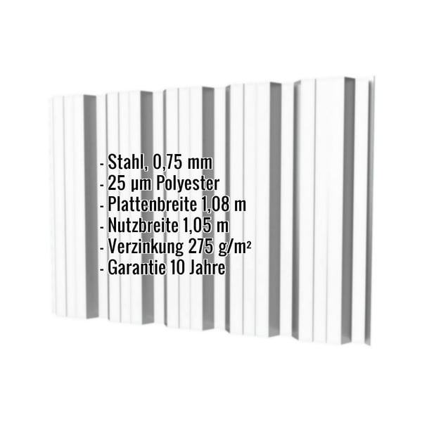 Trapezblech T35DR Wand, Lichtgrau RAL 7035, mit eingeblendeten technischen Daten und Garantiehinweis