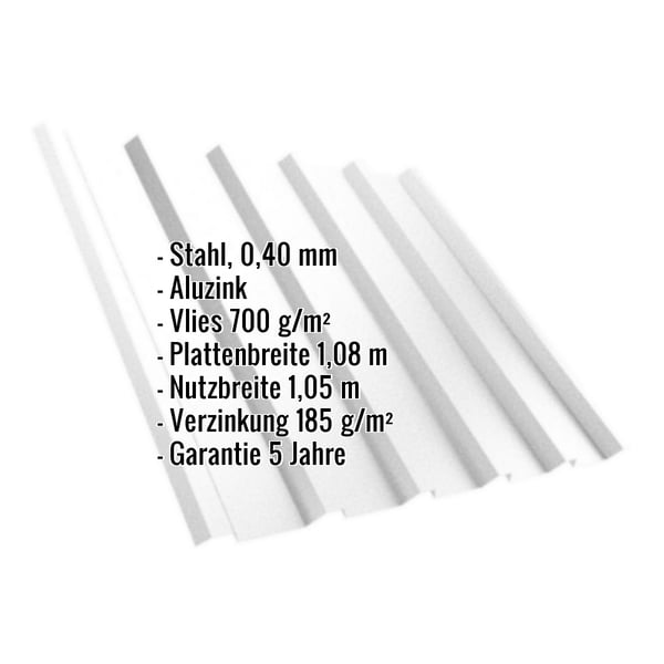 Trapezblech T35M Aluzink, 0,40 mm, mit eingeblendeten Eckdaten zu Material, Vlies, Platten- und Nutzbreite, Verzinkung und