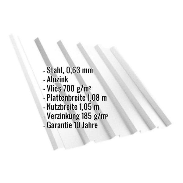 Trapezblech T35M Aluzink, 0,63 mm, mit eingeblendeter Liste der wichtigsten Produktdaten