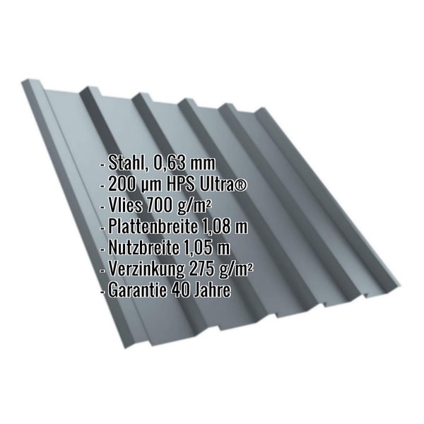 Trapezblech T35M Fenstergrau mit eingeblendeten technischen Daten wie Stahl 0,63 mm und Vlies 700 g/m²